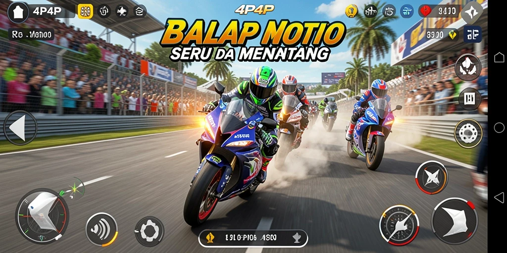 Tampilan antarmuka 4P4P saat balapan motor yang menegangkan.