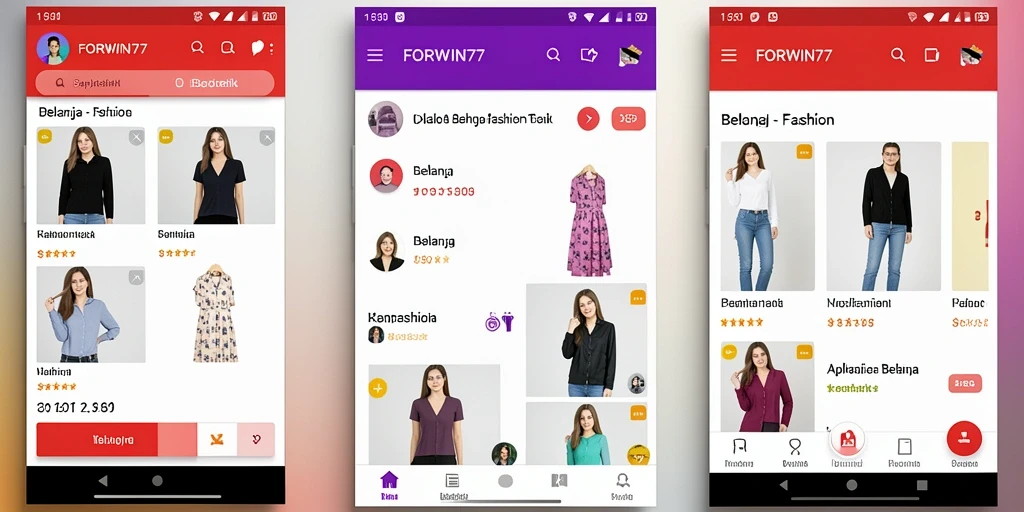Tampilan antarmuka aplikasi FORWIN77 yang menarik untuk belanja fashion.