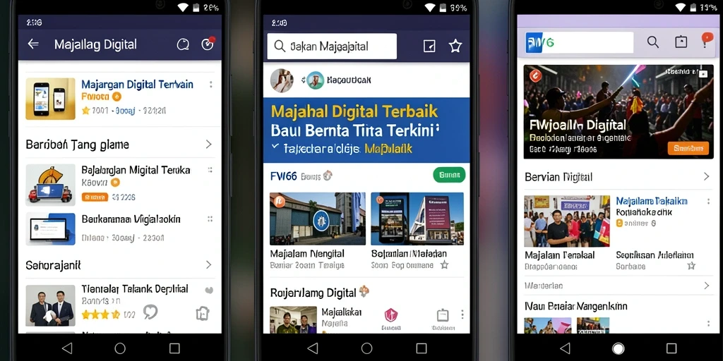 Antarmuka FW66 menampilkan berbagai artikel berita dengan tata letak yang menarik.