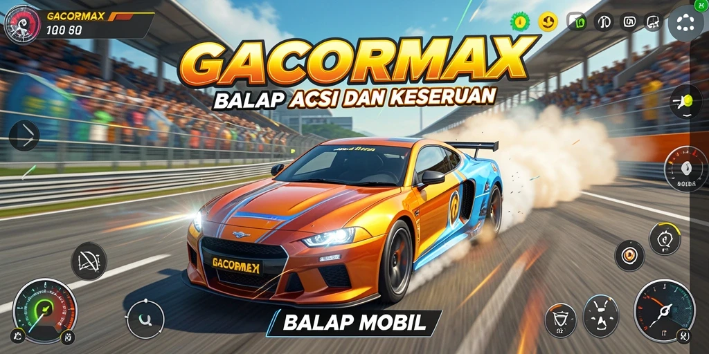 Antarmuka permainan GACORMAX dengan grafis balap yang memukau.