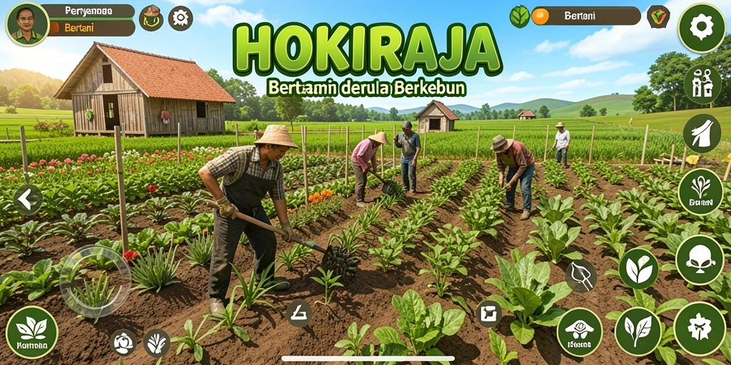 Tampilan antarmuka HOKIRAJA dengan kebun yang subur dan hewan ternak.