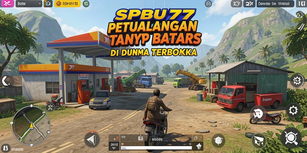 Tangkapan layar antarmuka SPBU77 menampilkan dunia terbuka yang luas dan penuh warna.